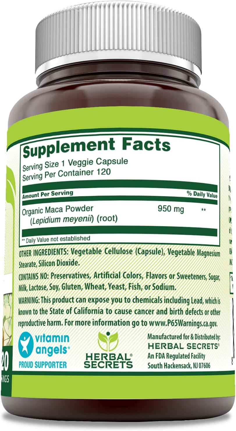 Herbal Secrets Maca Supplement 950mg - 120 Veggie Capsules - Non-GMO, Gluten Free - USA Made