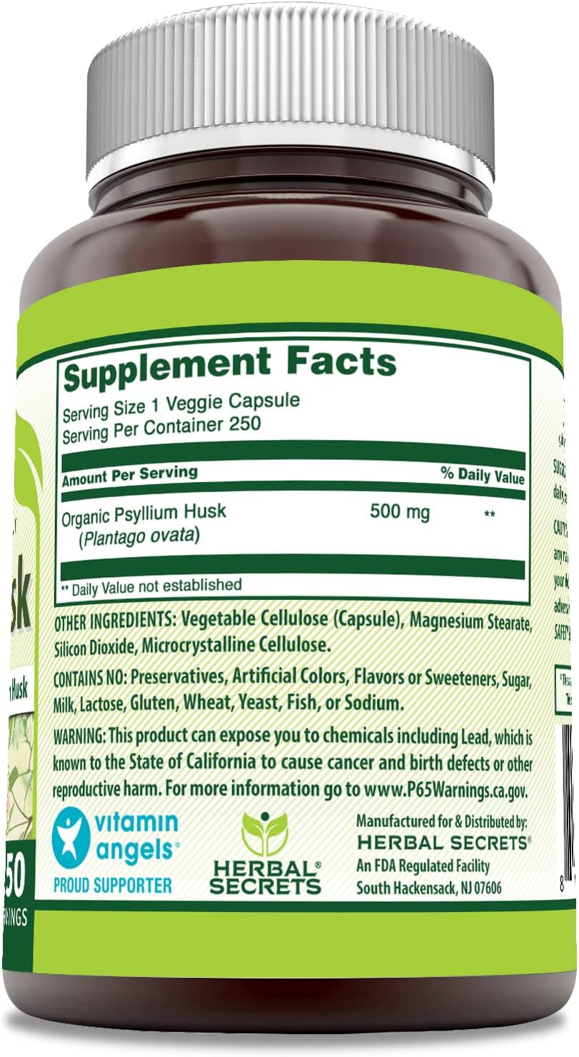 Herbal Secrets Psyllium Husk Supplement 500 mg - 250 Capsules - Non-GMO & Gluten Free - USA Made