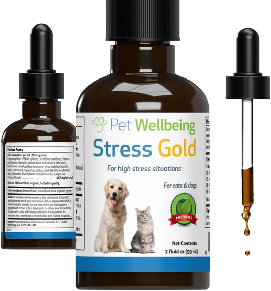 Herbal Supplement for Cats: Pet Wellbeing Stress Gold - Supports Relaxation, Travel, Vet Visits - Veterinarian-Formulated 2 oz