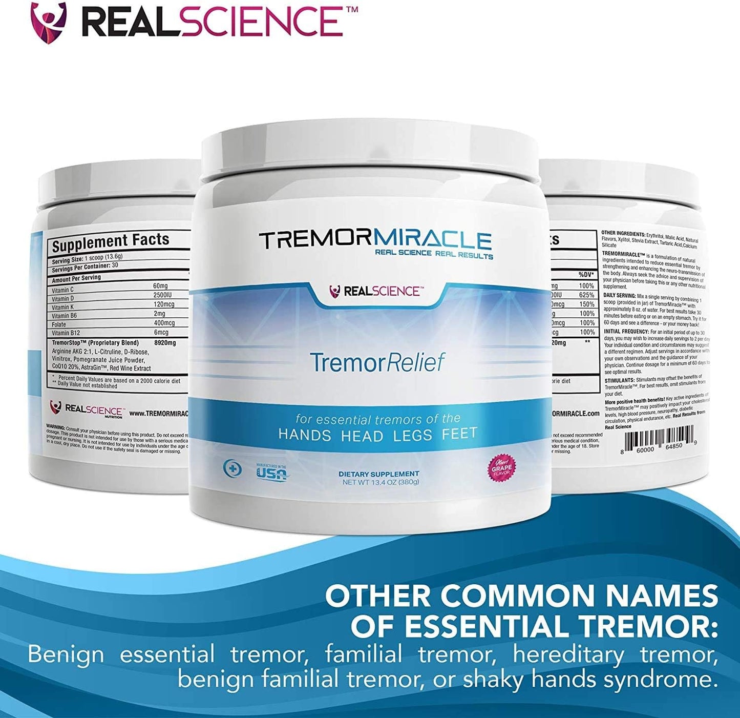 Herbal Supplement Powder for Essential Tremors - Grape Flavor, 13.4 Oz - Hands, Legs, Feet, Head (3-Pack)