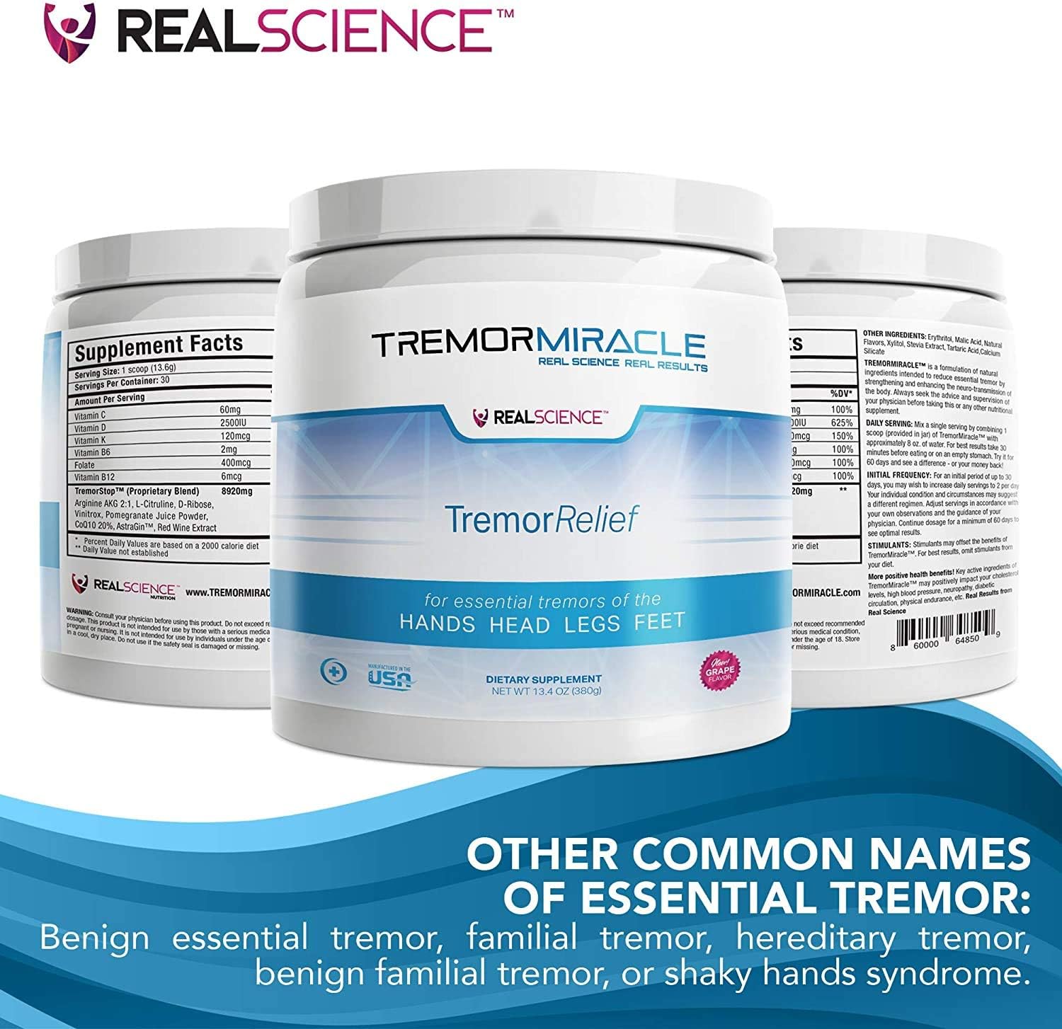 Herbal Supplement Powder for Essential Tremors - Grape Flavor, 13.4 Oz - Hands, Legs, Feet, Head (3-Pack)