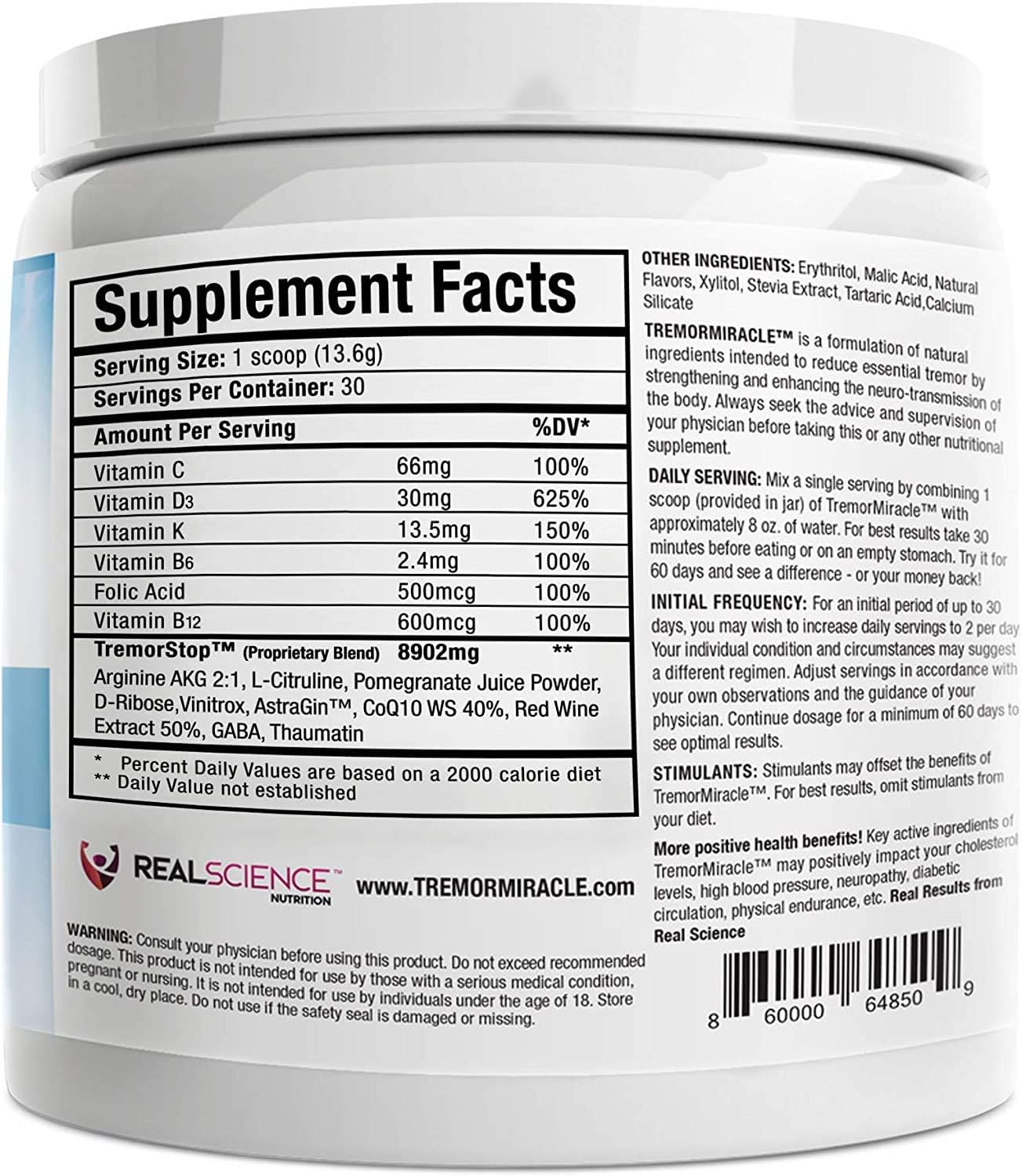 Herbal Supplement Powder for Essential Tremors - Grape Flavor, 13.4 Oz - Hands, Legs, Feet, Head (3-Pack)