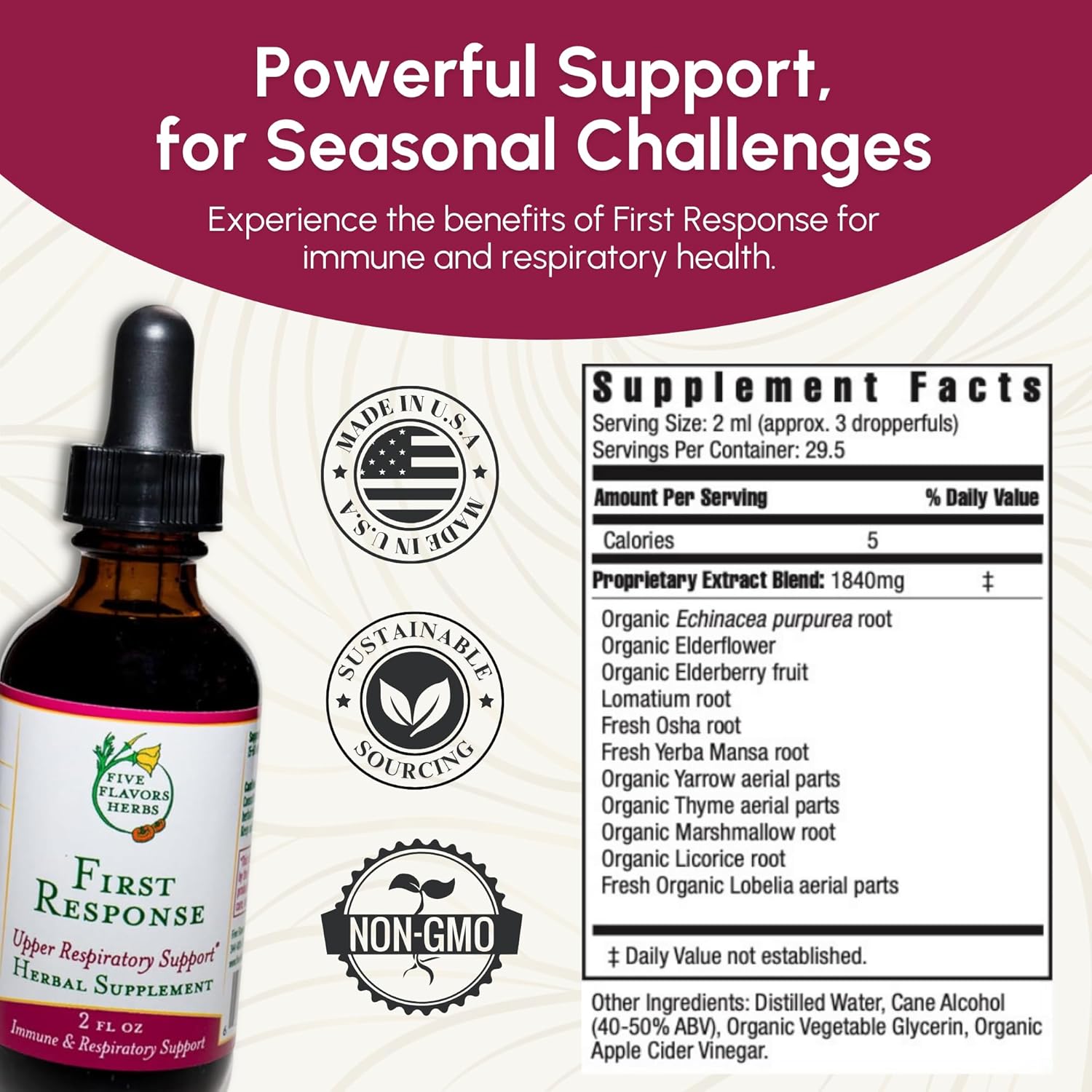 Herbal Supplement Tincture for Seasonal Discomfort and Immune System Support - Elderberry, OSHA, Yarrow - 2 Fl Oz
