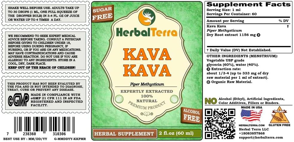 Herbal Terra LLC Kava Kava Glycerite - Alcohol-Free Liquid Extract, 2 oz Bottle