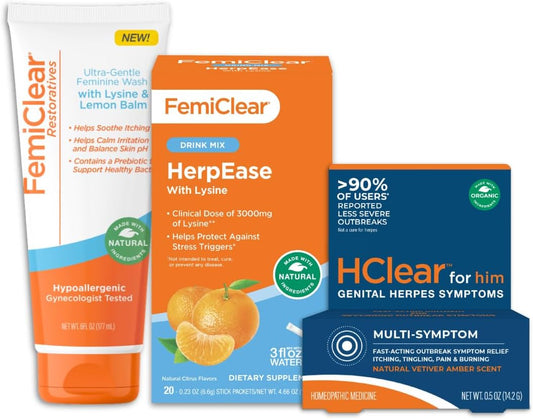 HerbalGyno Vaginal Health Trio: HClear Ointment, Ultra-Gentle Wash, HerpEase Supplement with L-Lysine - Essentials for Men and Women