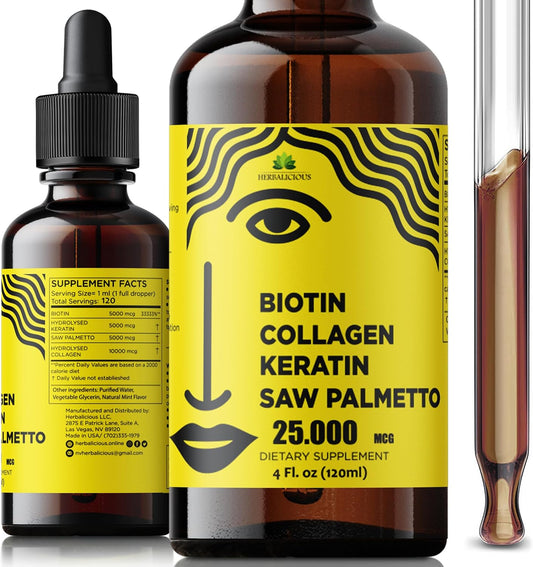 Herbalicious Liquid Biotin Collagen Keratin Supplement for Women - Hair Skin Nails Formula with 10000mcg Collagen, 5000mcg Biotin, Keratin & Saw Palmetto - 4fl oz