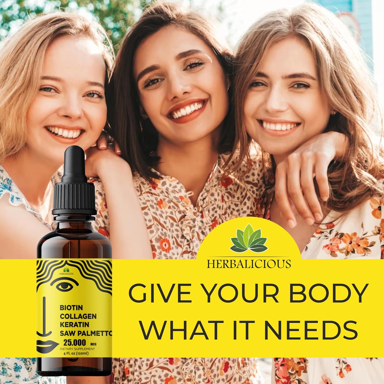 Herbalicious Liquid Biotin Collagen Keratin Supplement for Women - Hair Skin Nails Formula with 10000mcg Collagen, 5000mcg Biotin, Keratin & Saw Palmetto - 4fl oz