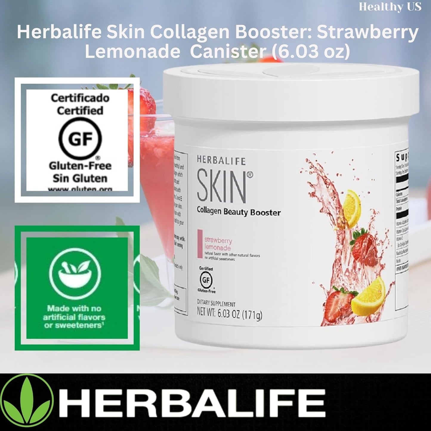 Herbalife Skin Collagen Beauty Booster Lemonade Strawberry Flavor 6.03 Oz - Natural Ingredients, Gluten-Free, No Artificial Sweeteners