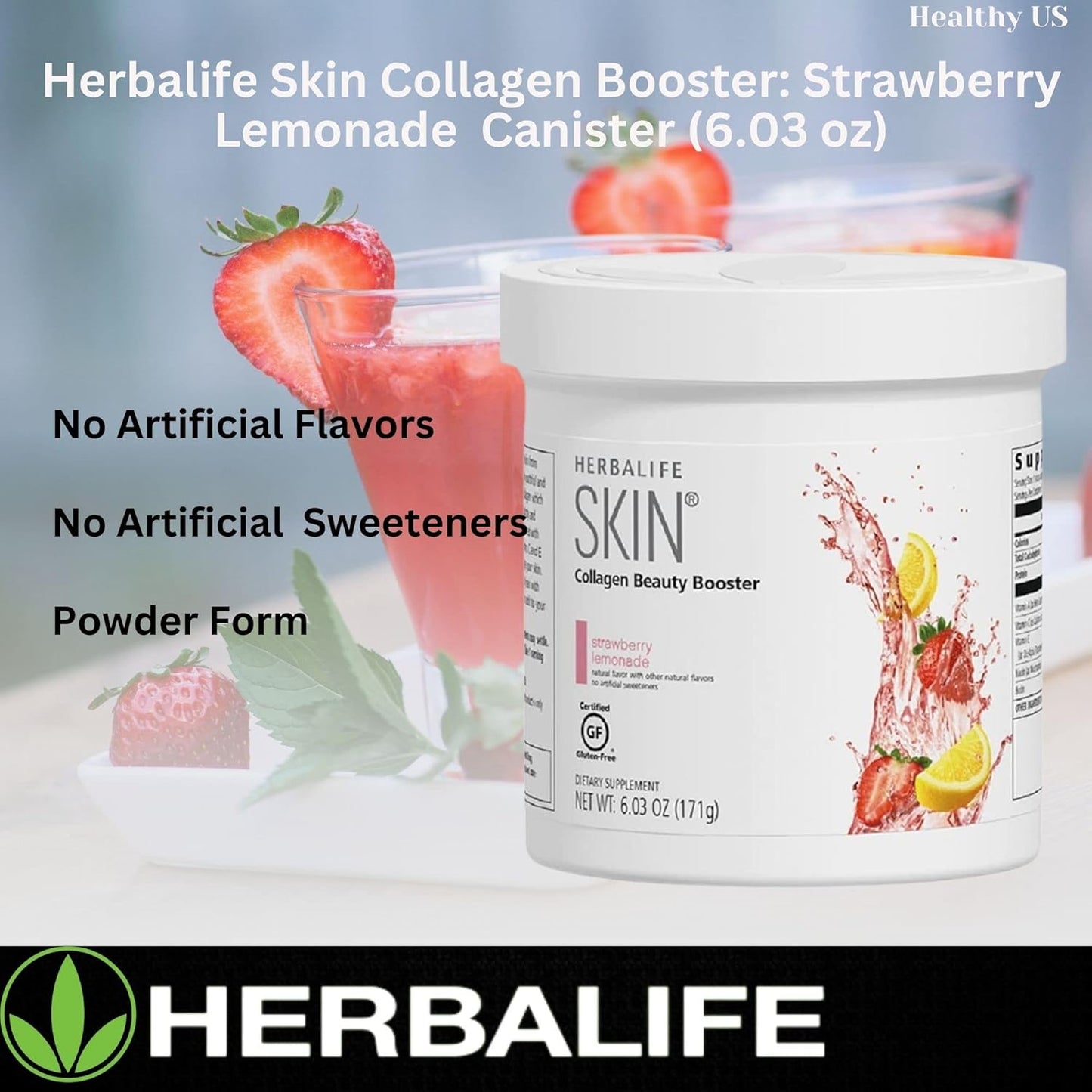 Herbalife Skin Collagen Beauty Booster Lemonade Strawberry Flavor 6.03 Oz - Natural Ingredients, Gluten-Free, No Artificial Sweeteners