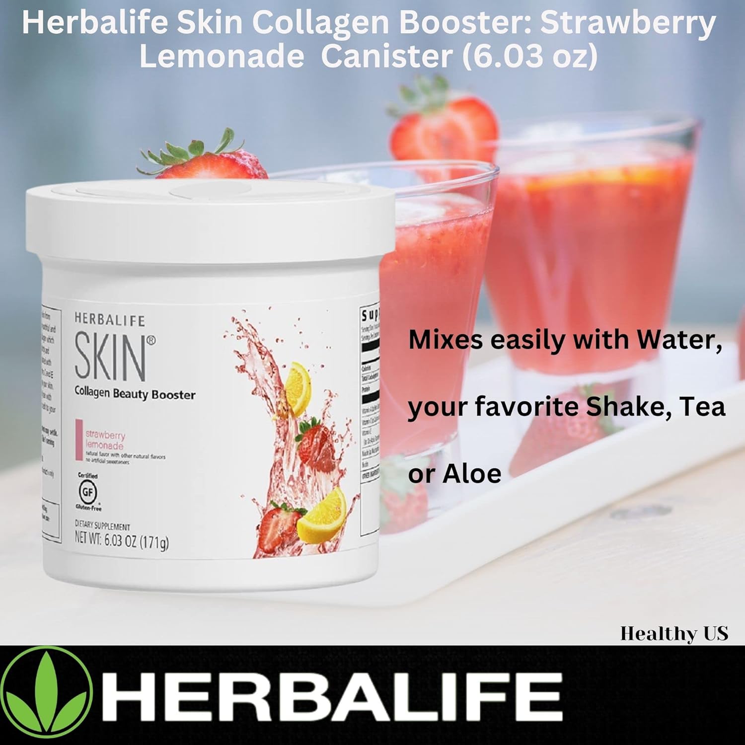 Herbalife Skin Collagen Beauty Booster Lemonade Strawberry Flavor 6.03 Oz - Natural Ingredients, Gluten-Free, No Artificial Sweeteners
