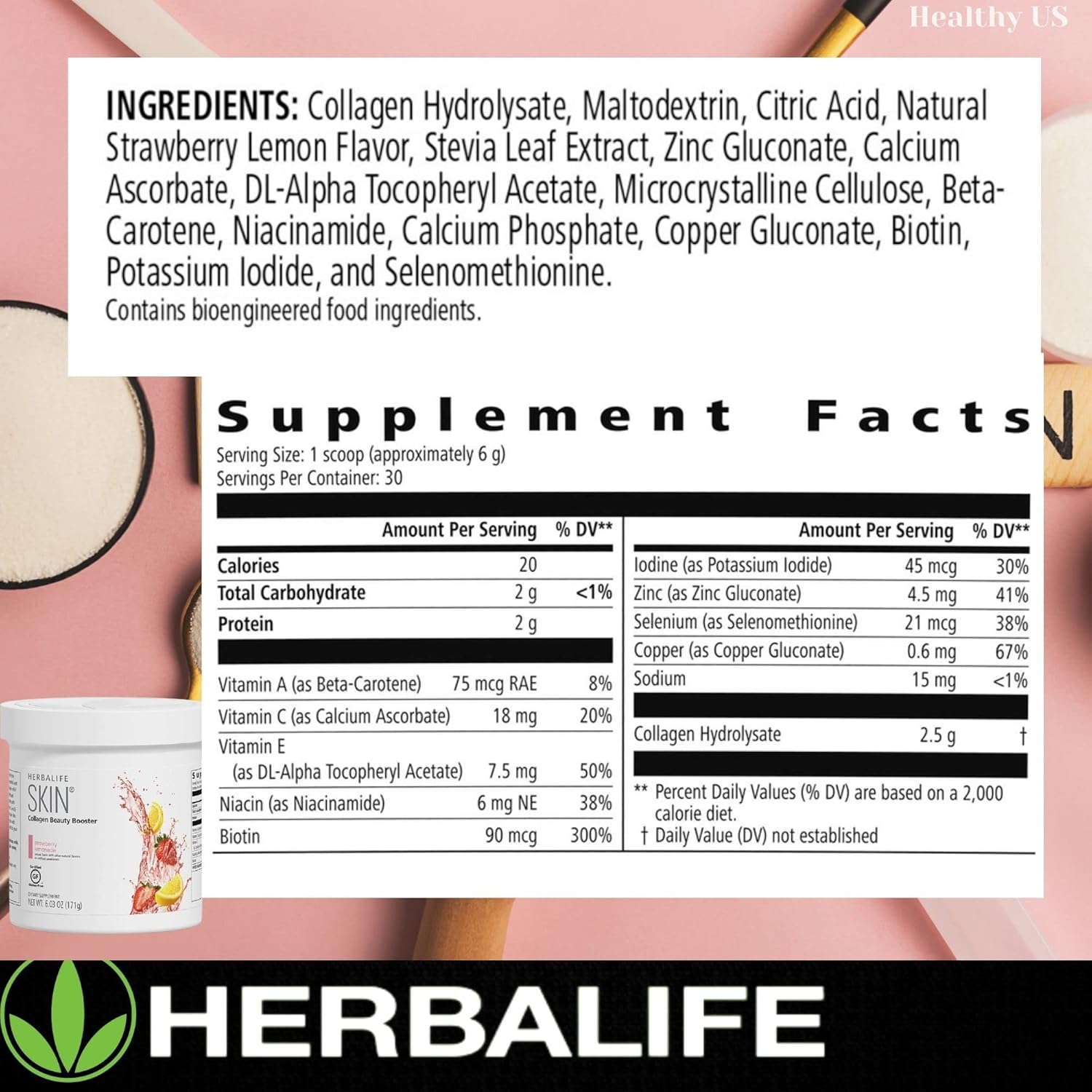 Herbalife Skin Collagen Beauty Booster Lemonade Strawberry Flavor 6.03 Oz - Natural Ingredients, Gluten-Free, No Artificial Sweeteners