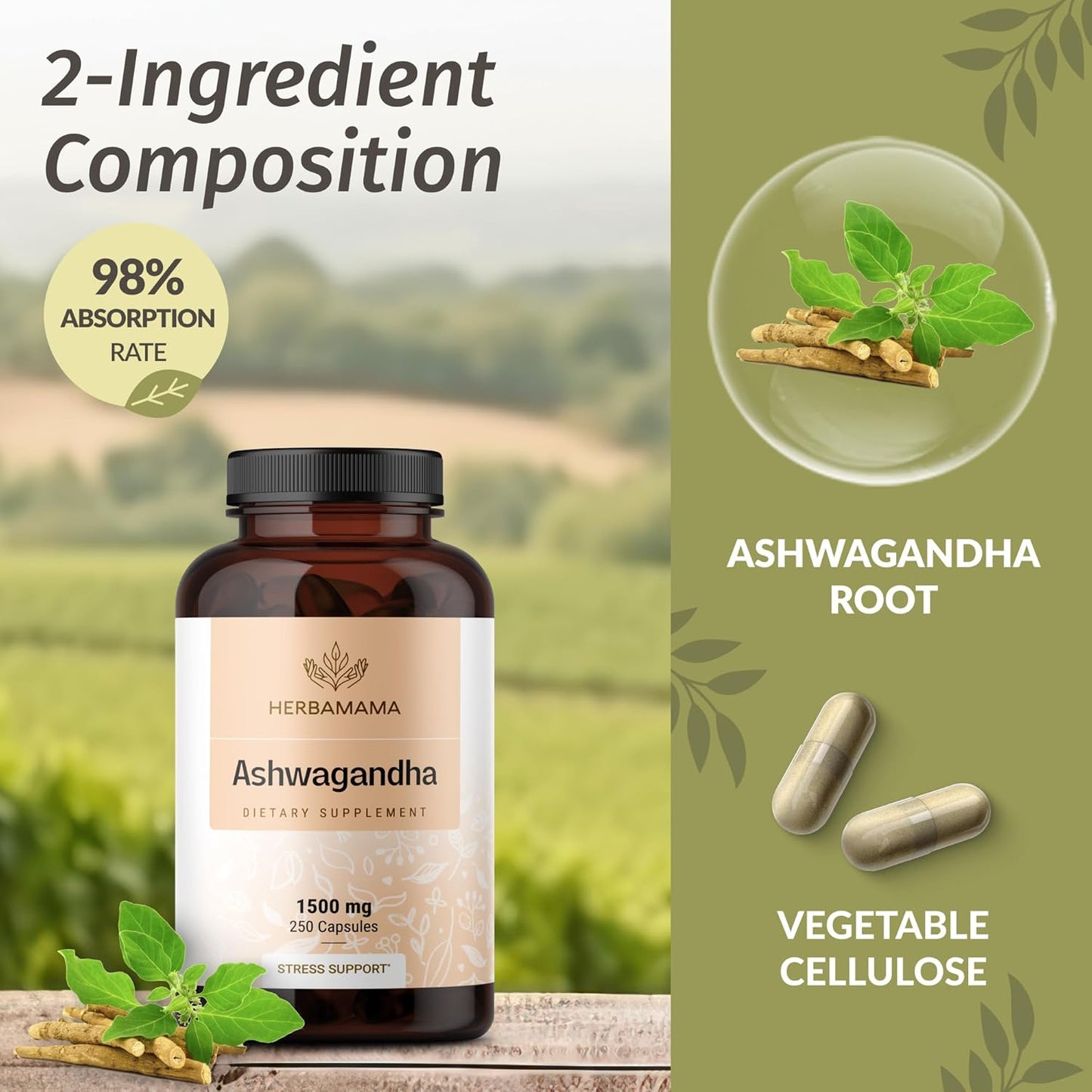 HERBAMAMA Ashwagandha Root Capsules and Turmeric Ginger Tincture Bundle - 1500mg Capsules and 2 fl oz Tincture - Vegan, Non-GMO, Sugar & Alcohol-Free - 2 Pack