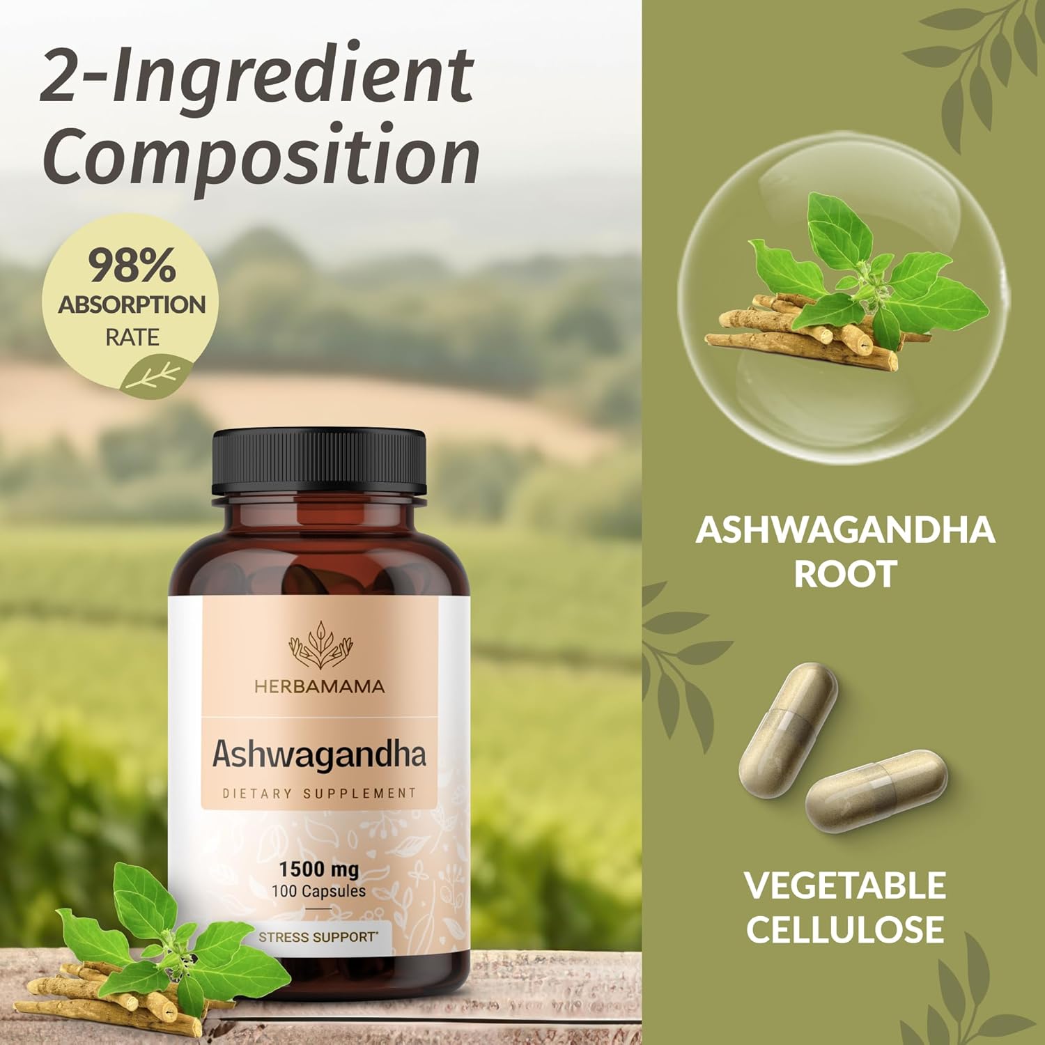 HERBAMAMA Broccoli Sprout and Ashwagandha Root Capsules Bundle - 1000 mg Broccoli Sprout & 1500 mg Ashwagandha Root - Vegan, Non-GMO, Sugar & Gelatin-Free - 2 Pack