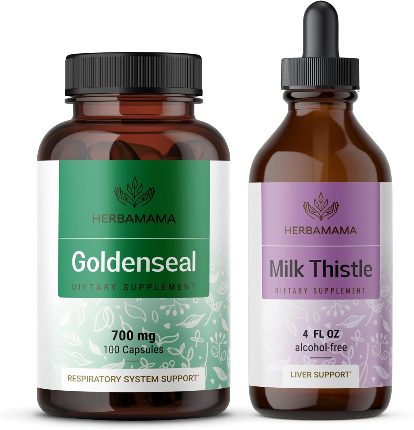 HERBAMAMA Goldenseal Root Capsules and Milk Thistle Tincture Bundle - 700 mg Capsules, 2 fl oz Tincture - Vegan, Non-GMO, Sugar & Alcohol-Free - 2 Pack
