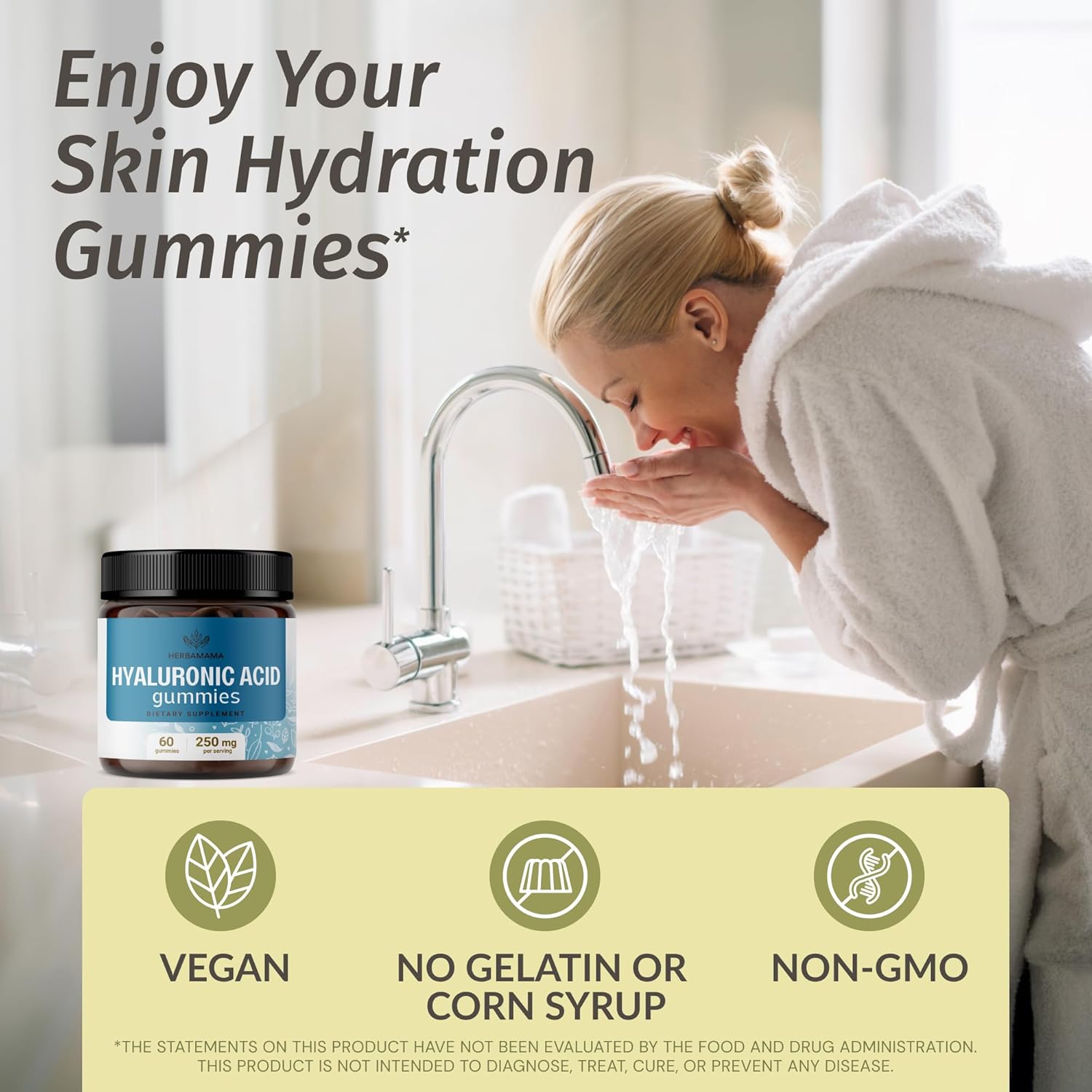HERBAMAMA Hyaluronic Acid Gummies - 250mg Pure Supplement for Hair, Skin & Nails - Vegan Mango Chews for Skin Elasticity - Non-GMO Beauty Support - 60 Pectin-Based Gummies