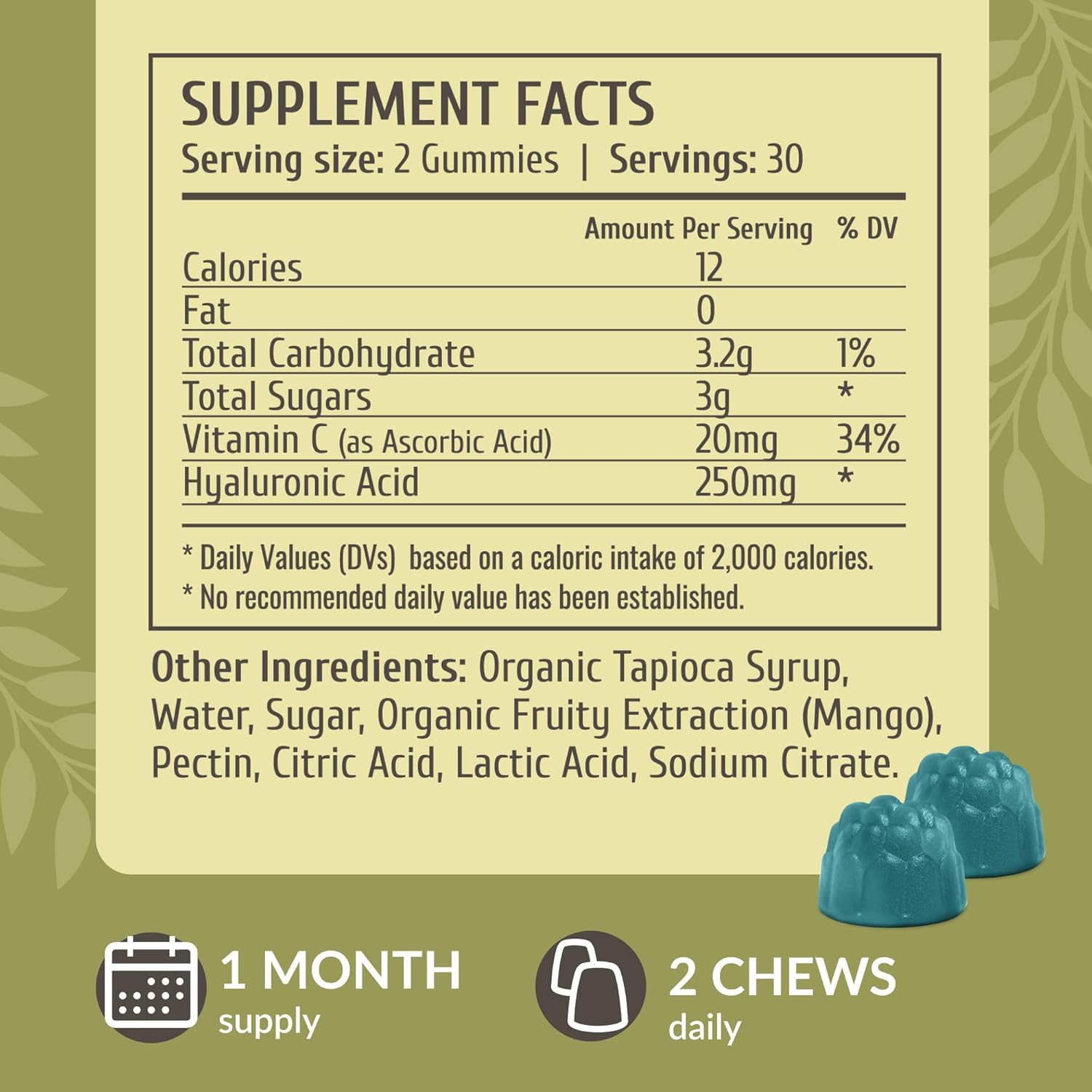 HERBAMAMA Hyaluronic Acid Gummies - 250mg Pure Supplement for Hair, Skin & Nails - Vegan Mango Chews for Skin Elasticity - Non-GMO Beauty Support - 60 Pectin-Based Gummies