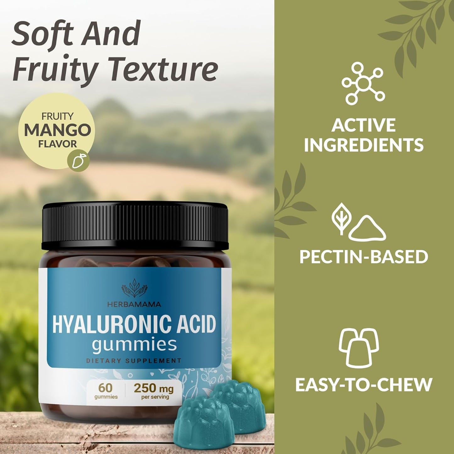 HERBAMAMA Hyaluronic Acid Gummies - 250mg Pure Supplement for Hair, Skin & Nails - Vegan Mango Chews for Skin Elasticity - Non-GMO Beauty Support - 60 Pectin-Based Gummies