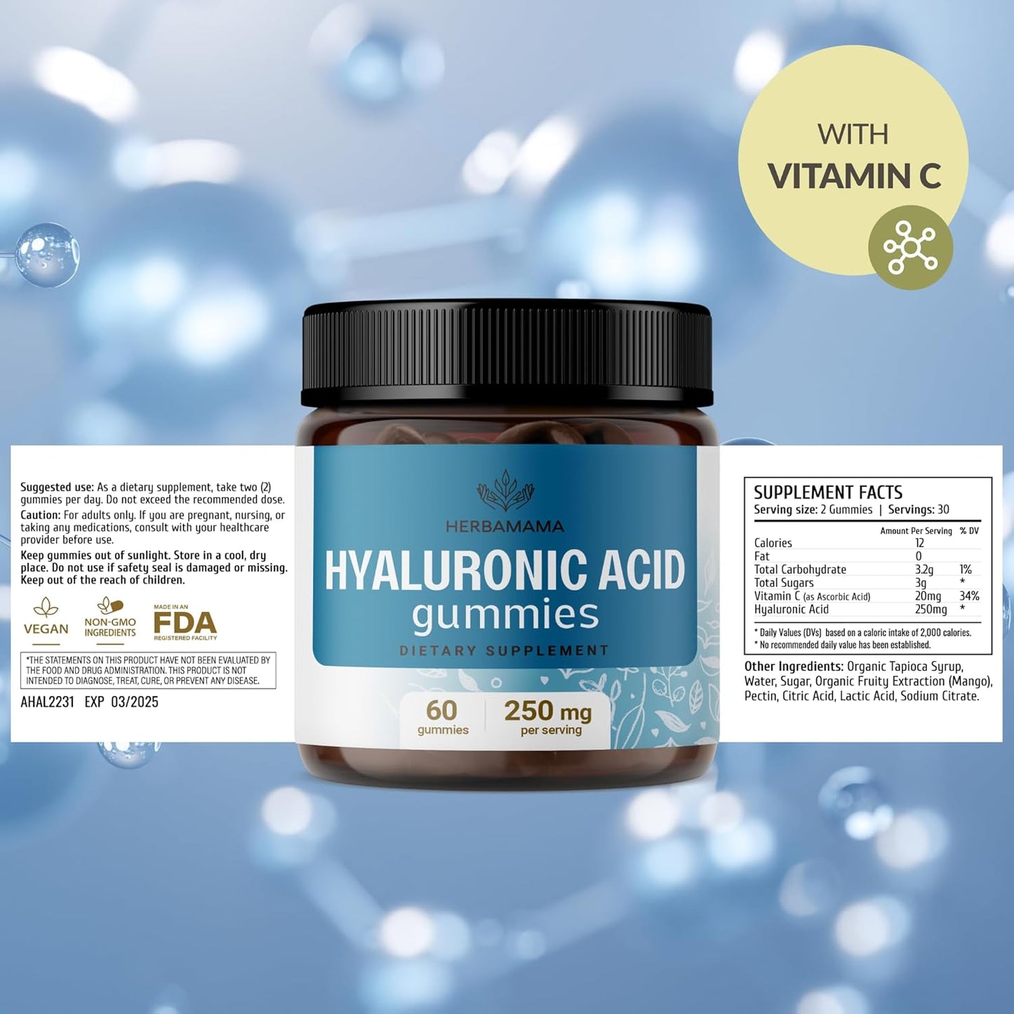 HERBAMAMA Hyaluronic Acid Gummies - 250mg Pure Supplement for Hair, Skin & Nails - Vegan Mango Chews for Skin Elasticity - Non-GMO Beauty Support - 60 Pectin-Based Gummies