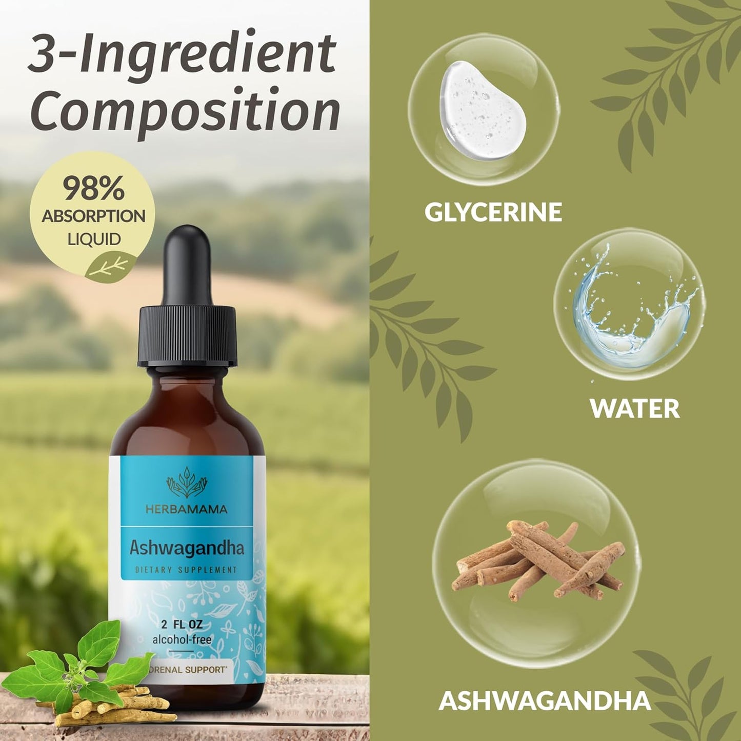 Herbamama Lemon Balm Gummies & Ashwagandha Drops Bundle - Vegan, Non-GMO, Alcohol & Gelatin-Free - 2 Pack