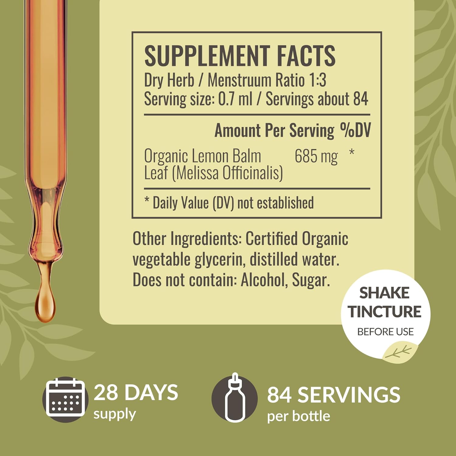 HERBAMAMA Lemon Balm Tincture - Vegan Calming Drops with Melissa Officinalis Extract - Non-GMO Liquid Relaxation Supplement, 28-Day Supply
