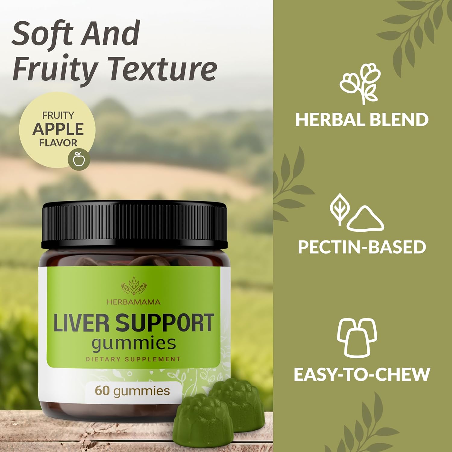 Herbamama Liver Detox Gummies - Vegan Herbal Complex for Liver Cleanse - Non-GMO Support Supplement - 60 Apple-Flavored Chews - BoostGo Australia