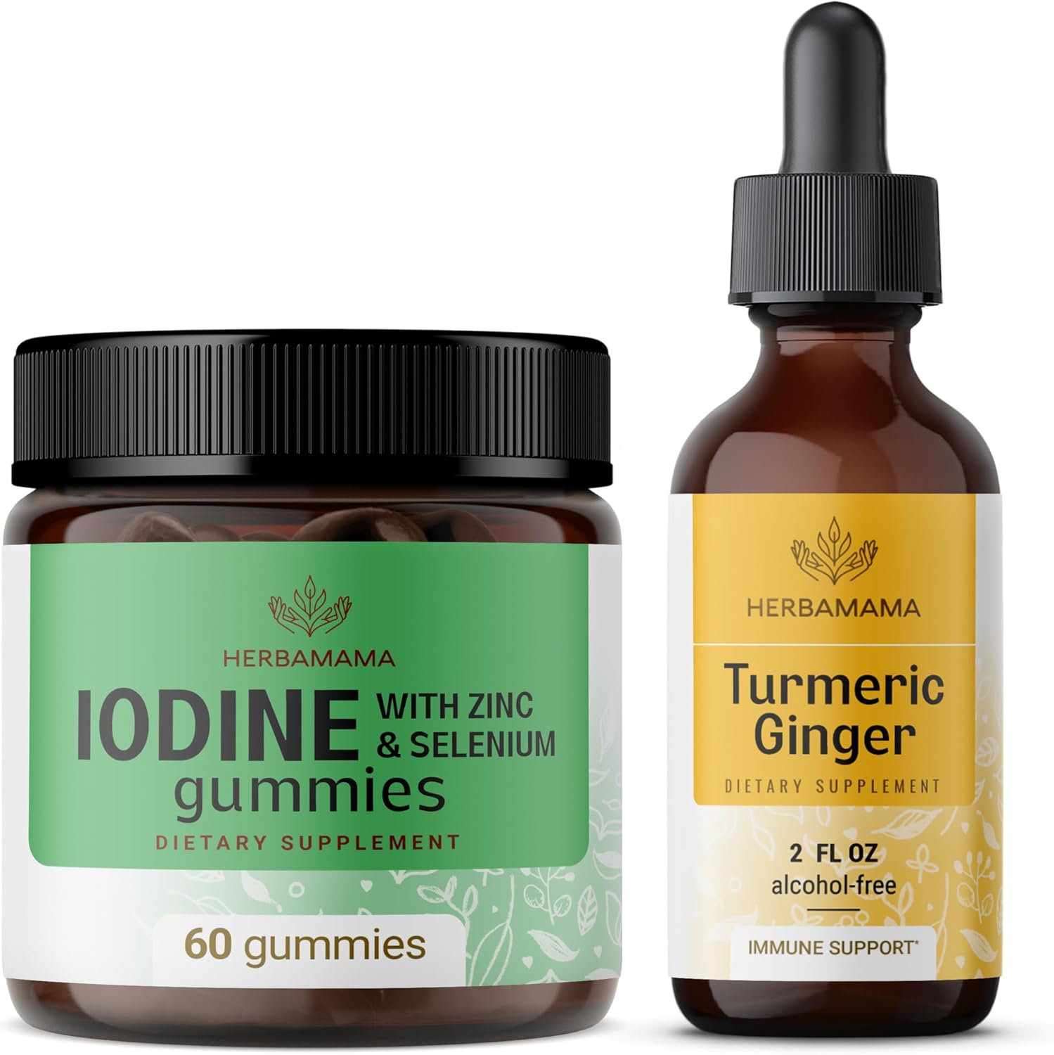 Herbamama Potassium Iodine and Turmeric Ginger Bundle - Iodine Gummies and Tincture Set - Vegan, Non-GMO, Alcohol-Free - 2 fl oz Kit