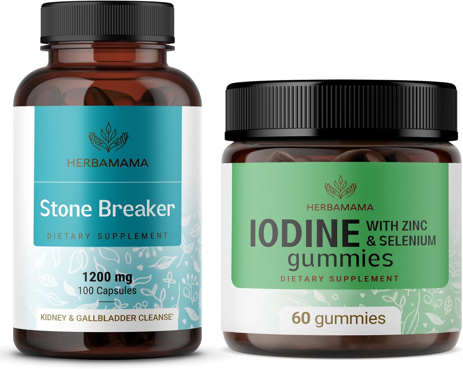 HERBAMAMA Stone Breaker and Potassium Iodine Bundle - 1200 mg Capsules & Gummies - Vegan, Non-GMO - 2 Pack