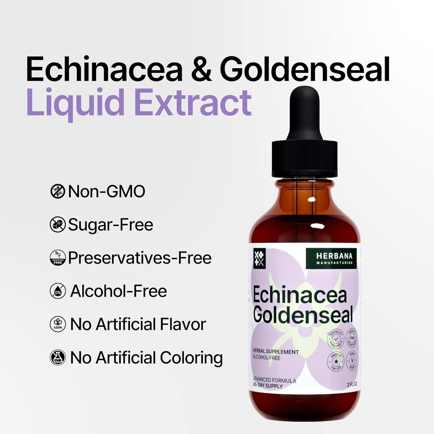 Herbana Manufacturing Echinacea and Goldenseal Liquid Extract - Herbal Supplement for Immune Support, Sleep, and Energy Boost - High Potency Formula - 45-Day Supply
