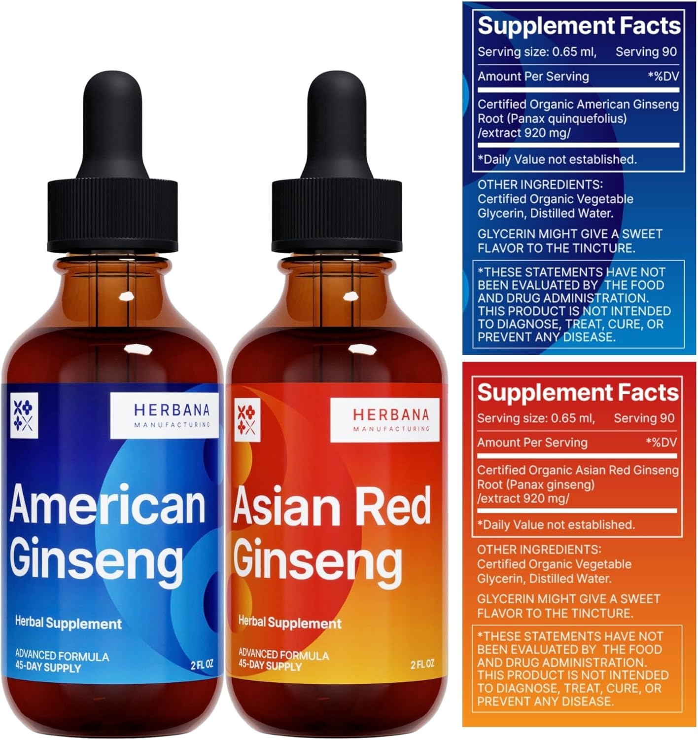 Herbana Manufacturing Ginseng Liquid Extract Duo for Energy, Focus, and Immune Support - Panax Ginseng Tincture Pack