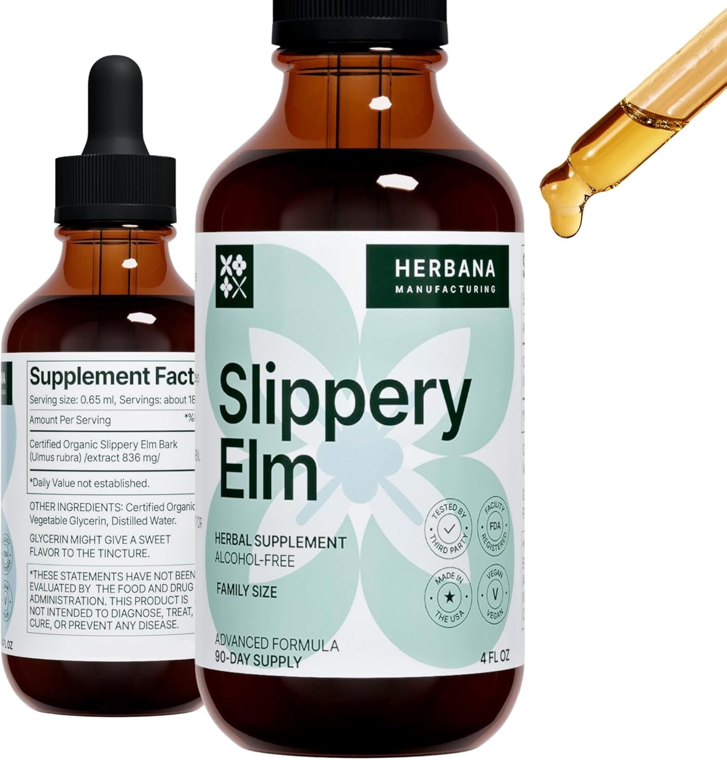 Herbana Manufacturing Slippery Elm Bark Liquid Extract - 4 fl oz - Gut, Respiratory & Immune Support - Ulmus Rubra Tincture - Herbal Drops - Family Size - High Potency - 90-Day Supply