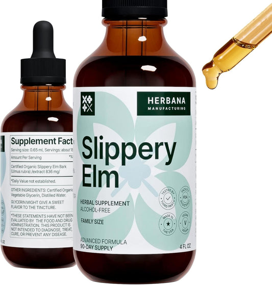 Herbana Manufacturing Slippery Elm Bark Liquid Extract - 4 fl oz - Gut, Respiratory & Immune Support - Ulmus Rubra Tincture - Herbal Drops - Family Size - High Potency - 90-Day Supply