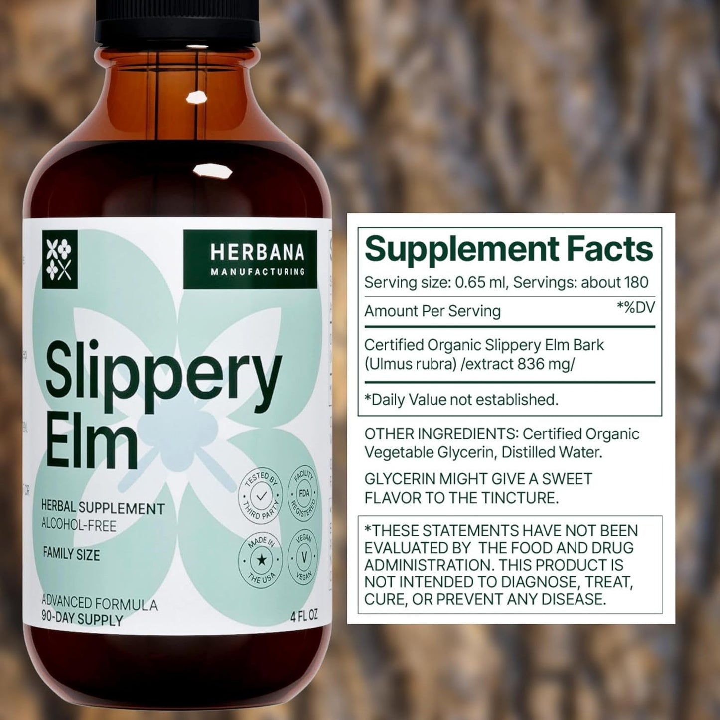 Herbana Manufacturing Slippery Elm Bark Liquid Extract - 4 fl oz - Gut, Respiratory & Immune Support - Ulmus Rubra Tincture - Herbal Drops - Family Size - High Potency - 90-Day Supply