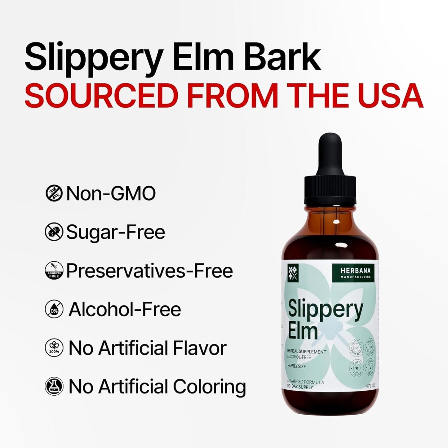 Herbana Manufacturing Slippery Elm Bark Liquid Extract - 4 fl oz - Gut, Respiratory & Immune Support - Ulmus Rubra Tincture - Herbal Drops - Family Size - High Potency - 90-Day Supply