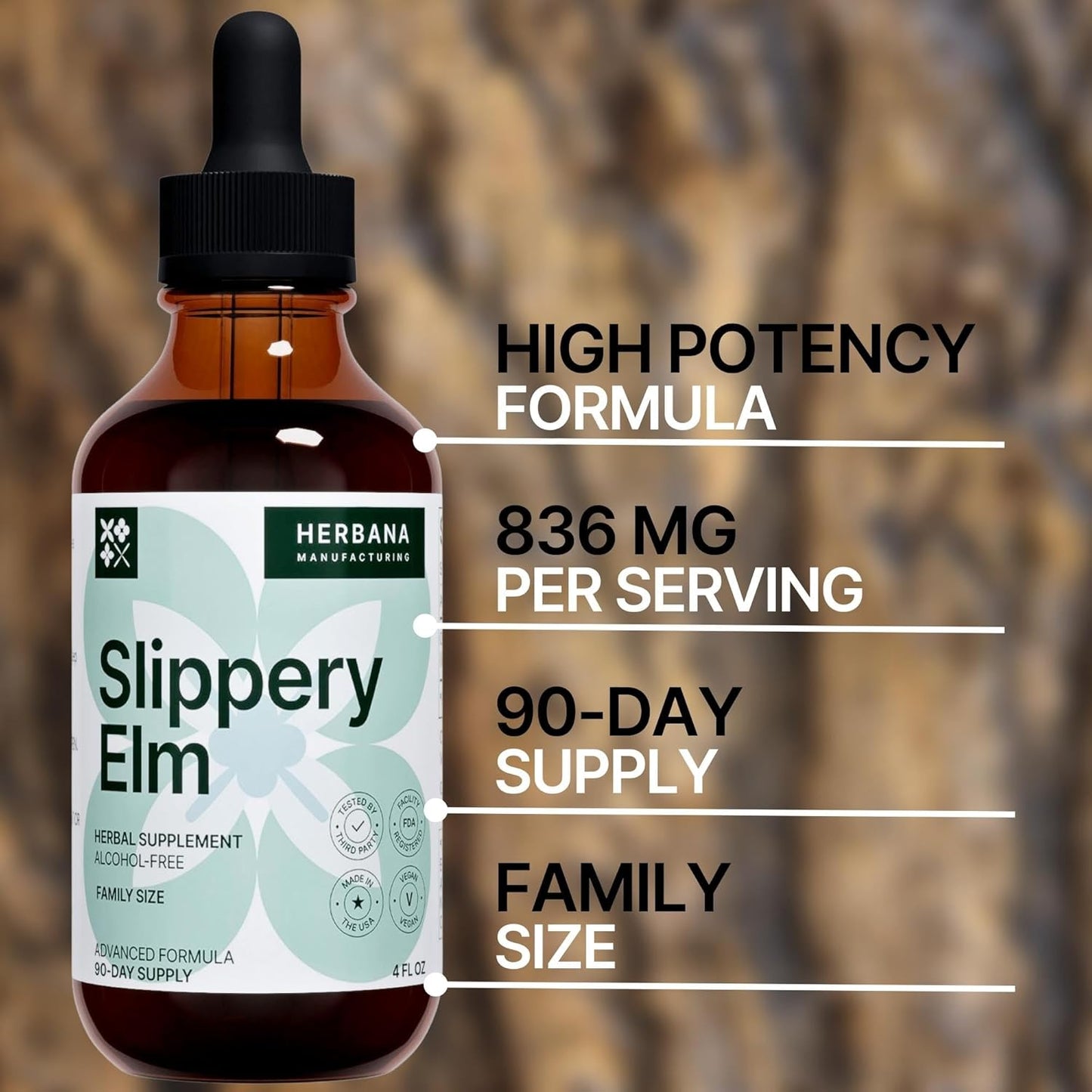 Herbana Manufacturing Slippery Elm Bark Liquid Extract - 4 fl oz - Gut, Respiratory & Immune Support - Ulmus Rubra Tincture - Herbal Drops - Family Size - High Potency - 90-Day Supply