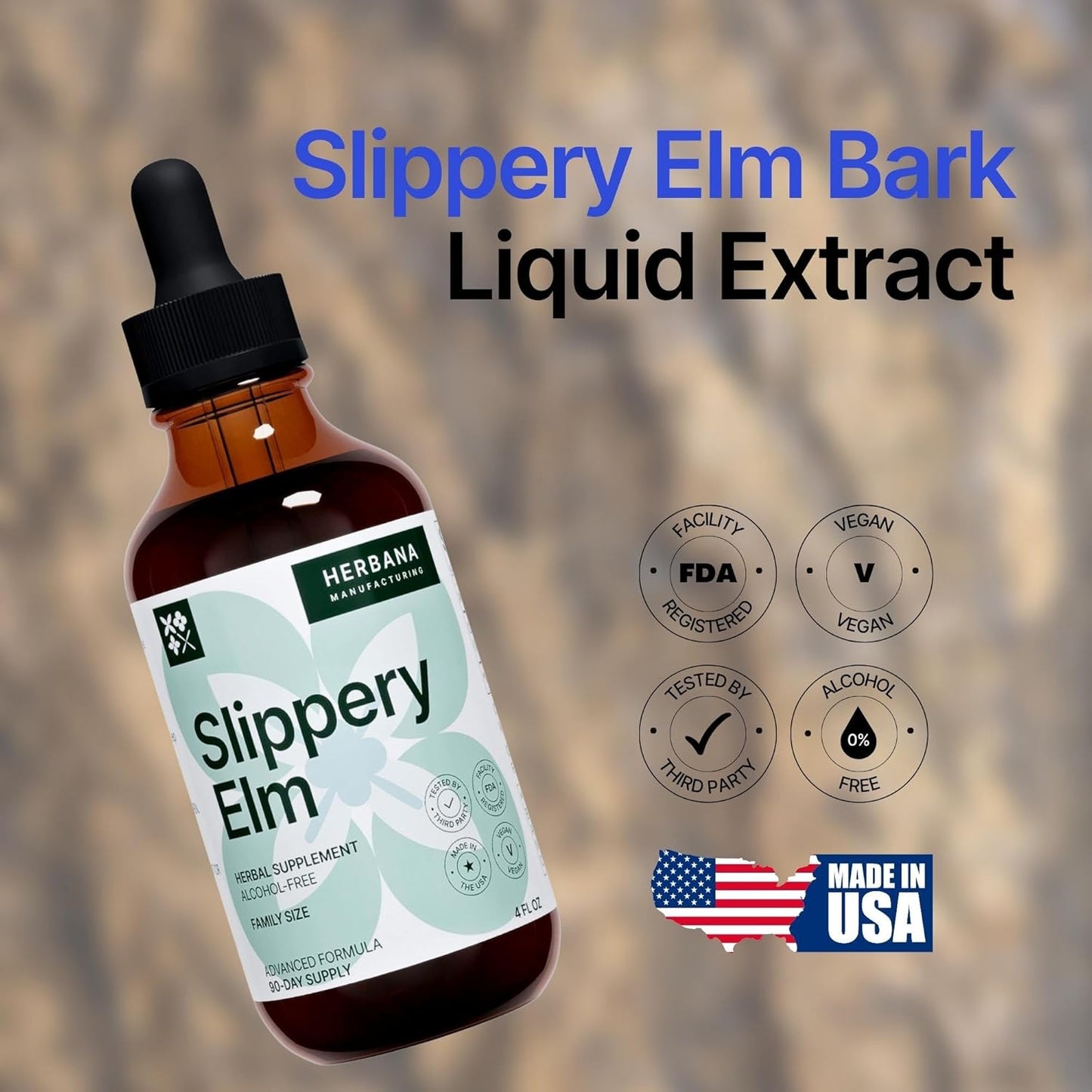 Herbana Manufacturing Slippery Elm Bark Liquid Extract - 4 fl oz - Gut, Respiratory & Immune Support - Ulmus Rubra Tincture - Herbal Drops - Family Size - High Potency - 90-Day Supply