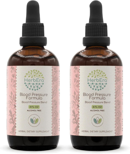 HerbEra Alcohol-Free Blood Pressure Formula Extract Tincture - 2x4 Fl Oz Bottle - Hawthorn Leaf, Motherwort, Cayenne Pepper, Hibiscus, Spirulina Blend