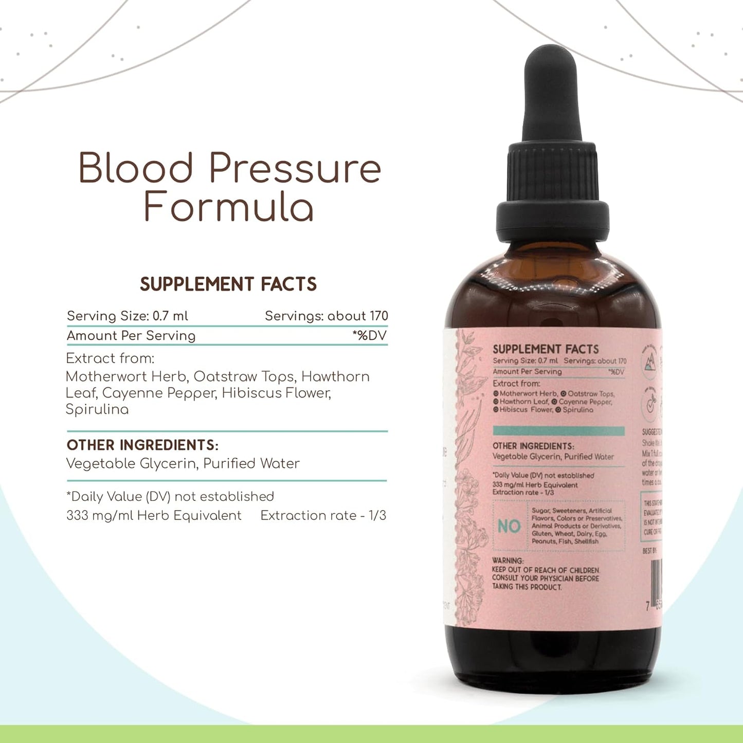 HerbEra Alcohol-Free Blood Pressure Formula Extract Tincture - 2x4 Fl Oz Bottle - Hawthorn Leaf, Motherwort, Cayenne Pepper, Hibiscus, Spirulina Blend