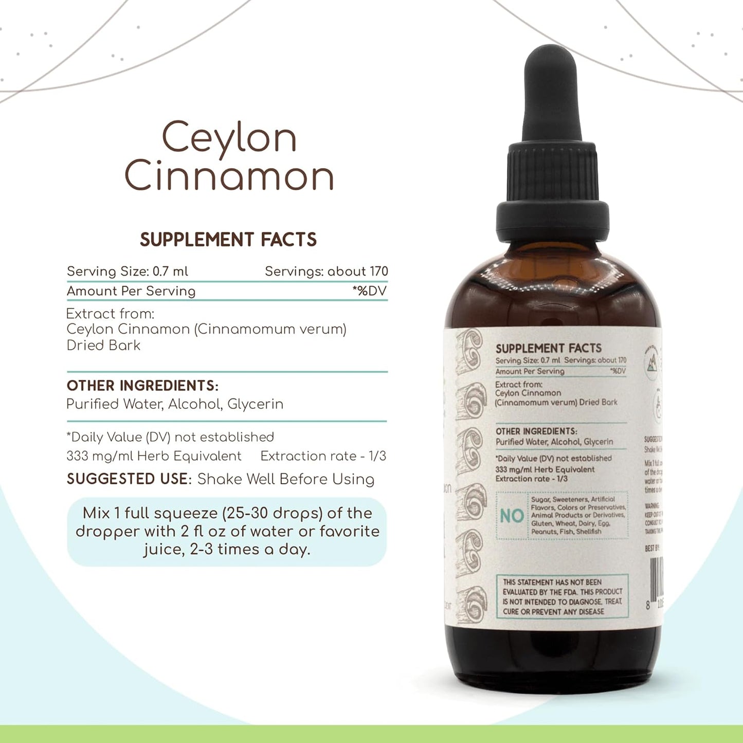 HerbEra Ceylon Cinnamon Alcohol Tincture Extract Drops - 2-Pack, Concentrated Liquid Cinnamomum Verum - 8 fl oz Total