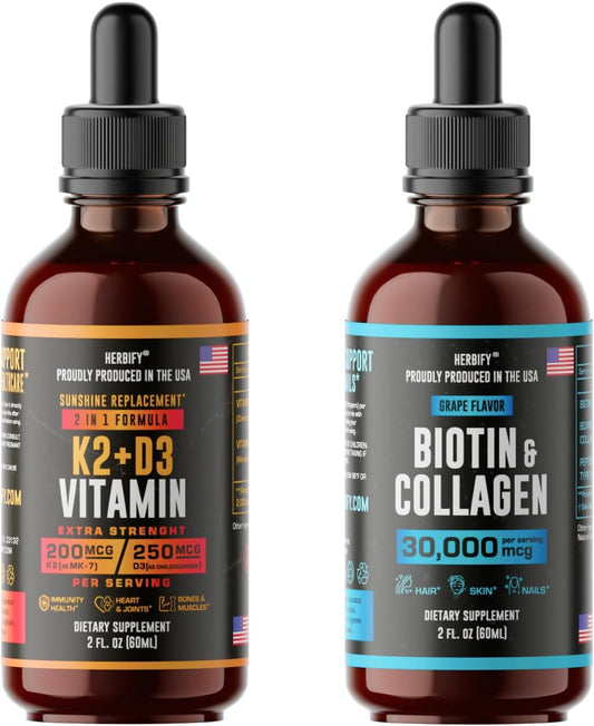 Herbify Bone Strength and Hair, Skin, Nails Support Bundle - K2, D3, Biotin, Collagen Drops