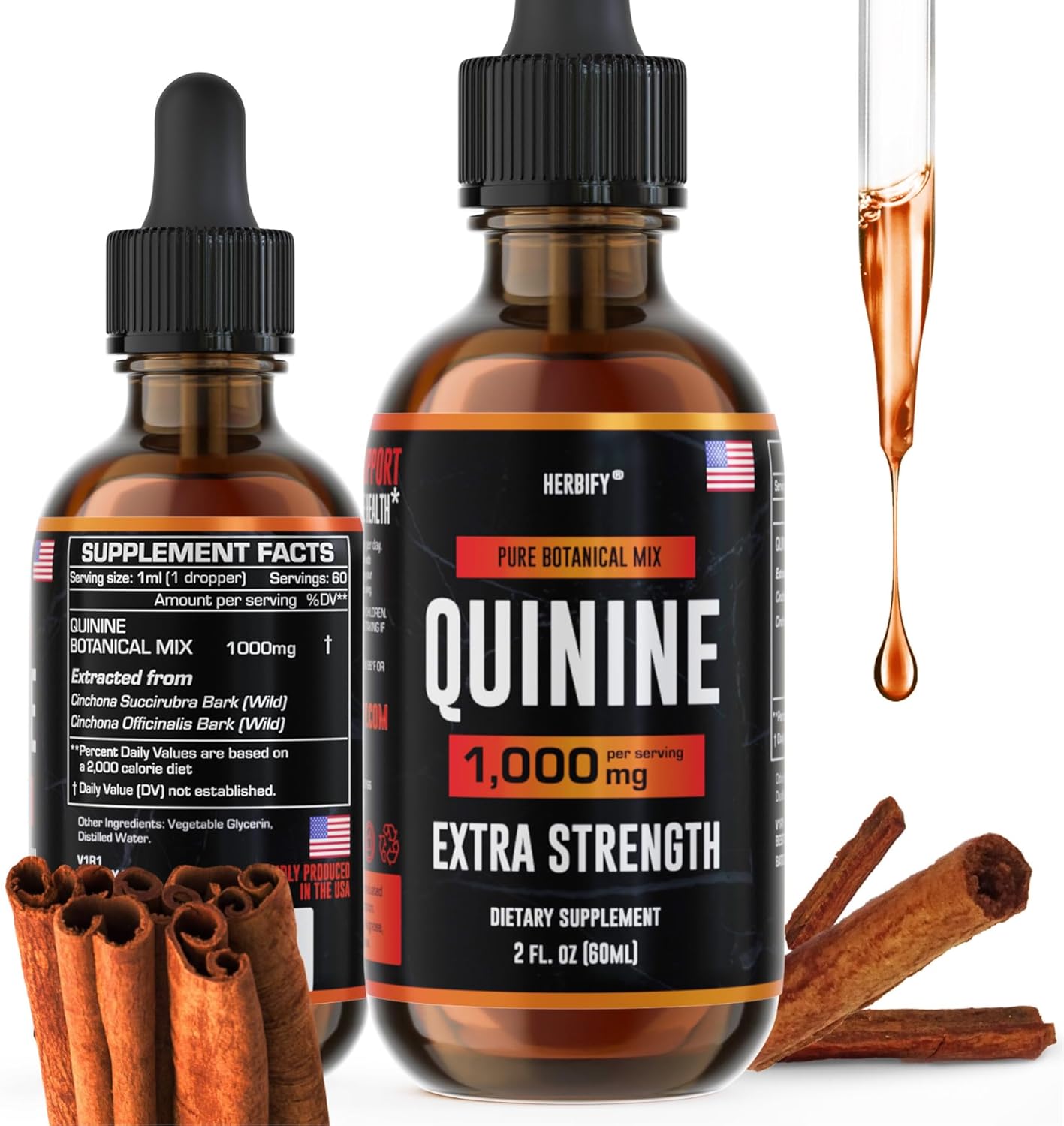Herbify Quinine Tincture - Liquid Extract for Digestive Health & Leg Cramps - Cinchona Supplement for Enhanced Absorption - 2oz Made in USA for Men & Women