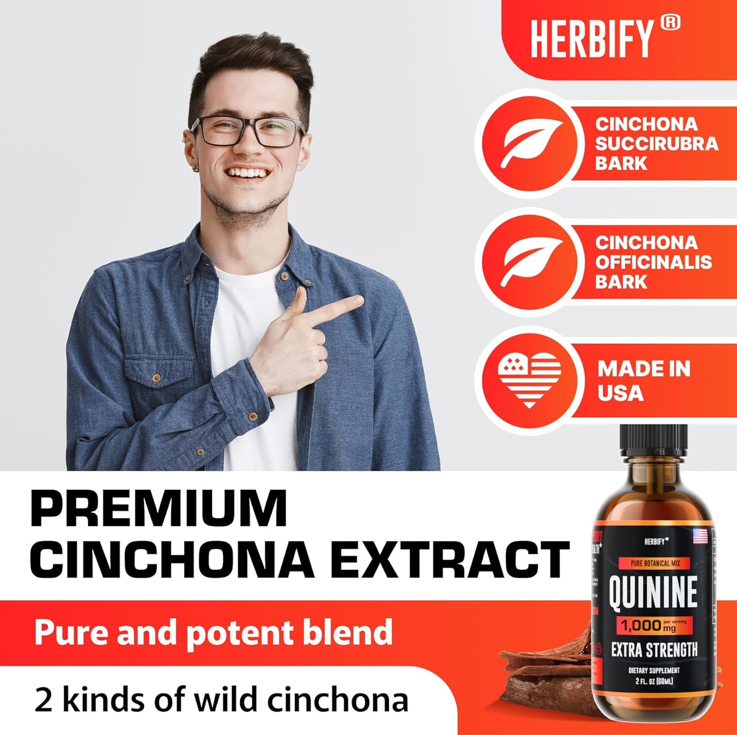 Herbify Quinine Tincture - Liquid Extract for Digestive Health & Leg Cramps - Cinchona Supplement for Enhanced Absorption - 2oz Made in USA for Men & Women