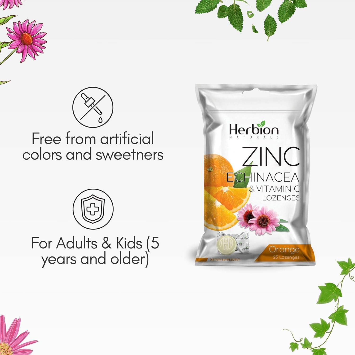 Herbion Naturals Immune Support Lozenges - Zinc, Echinacea, Vitamin C - 25 CT - Natural Orange Flavor - Dietary Supplement for Adults & Kids 5+ - Promotes Wellness & Immune System Health
