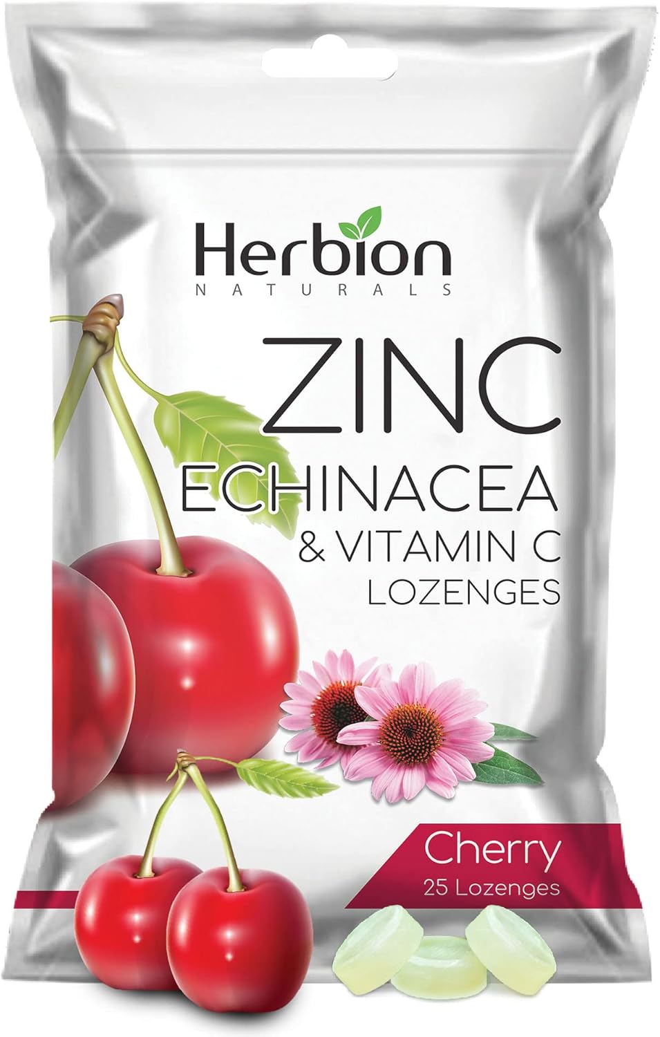 Herbion Naturals Immune Support Lozenges with Zinc, Echinacea, Vitamin C - 25 CT - Cherry Flavor - Dietary Supplement for Adults & Children 5+ - Promotes Wellness & Immune System Health