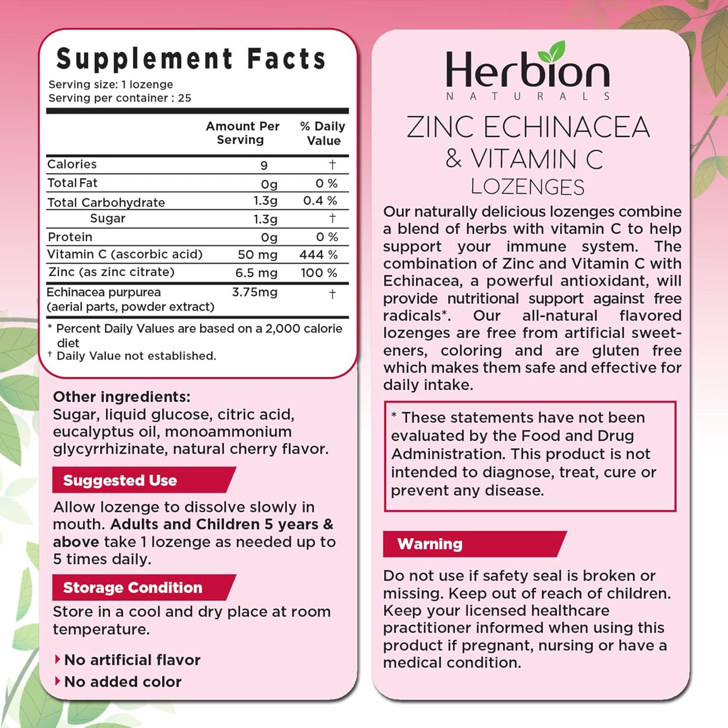Herbion Naturals Immune Support Lozenges with Zinc, Echinacea, Vitamin C - 25 CT - Cherry Flavor - Dietary Supplement for Adults & Children 5+ - Promotes Wellness & Immune System Health