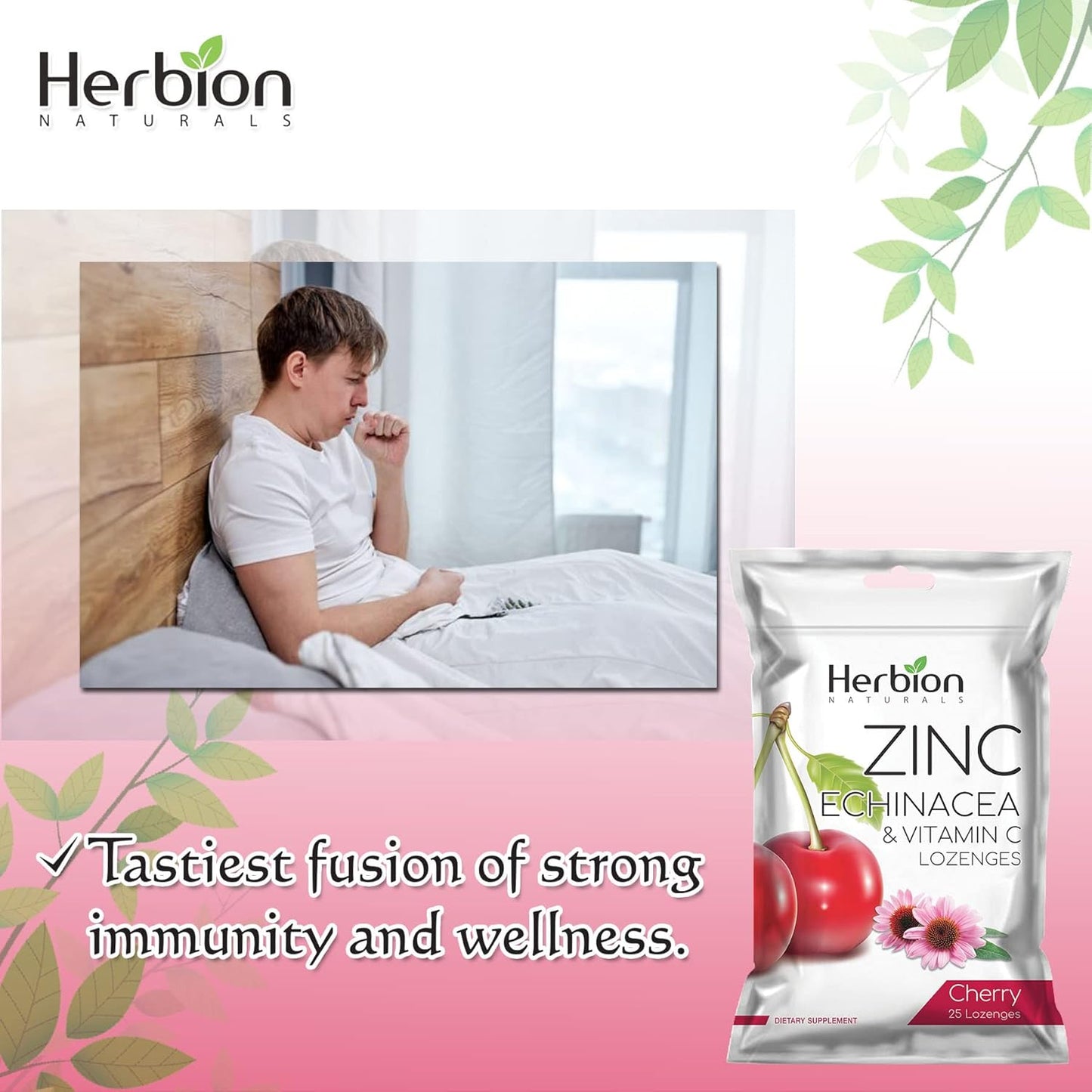 Herbion Naturals Immune Support Lozenges with Zinc, Echinacea, Vitamin C - 25 CT - Cherry Flavor - Dietary Supplement for Adults & Children 5+ - Promotes Wellness & Immune System Health