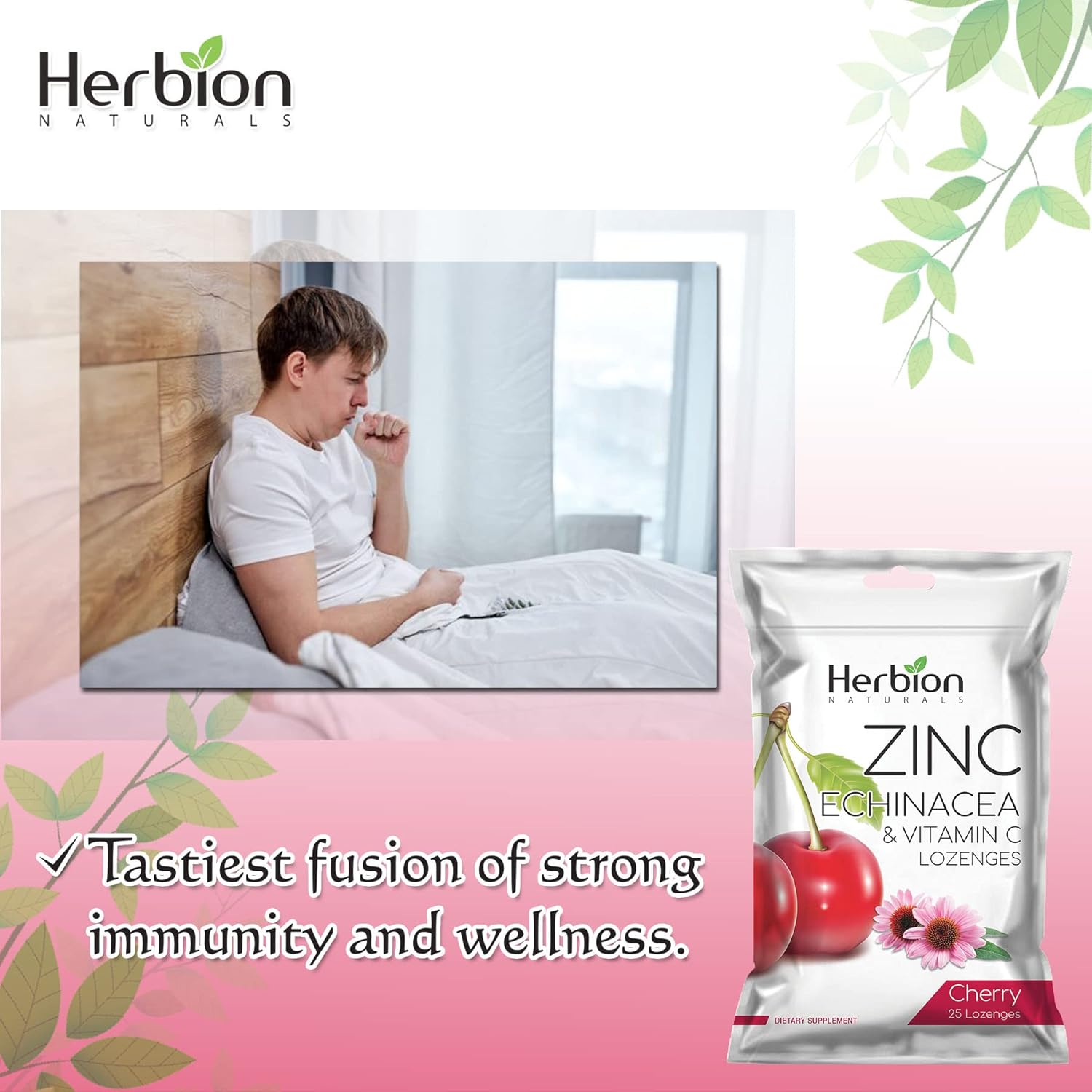 Herbion Naturals Immune Support Lozenges with Zinc, Echinacea, Vitamin C - 25 CT - Cherry Flavor - Dietary Supplement for Adults & Children 5+ - Promotes Wellness & Immune System Health