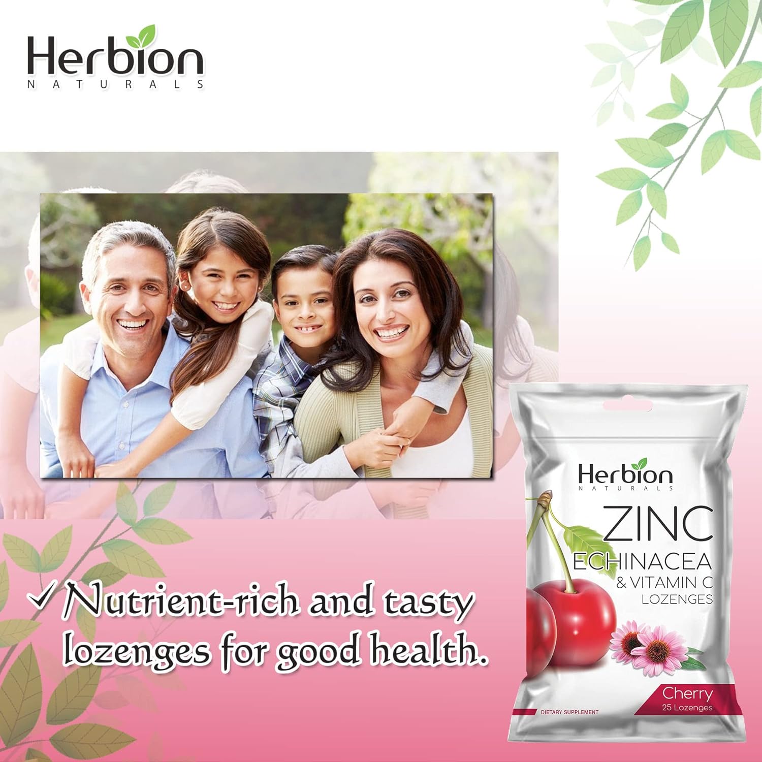 Herbion Naturals Immune Support Lozenges with Zinc, Echinacea, Vitamin C - 25 CT - Cherry Flavor - Dietary Supplement for Adults & Children 5+ - Promotes Wellness & Immune System Health