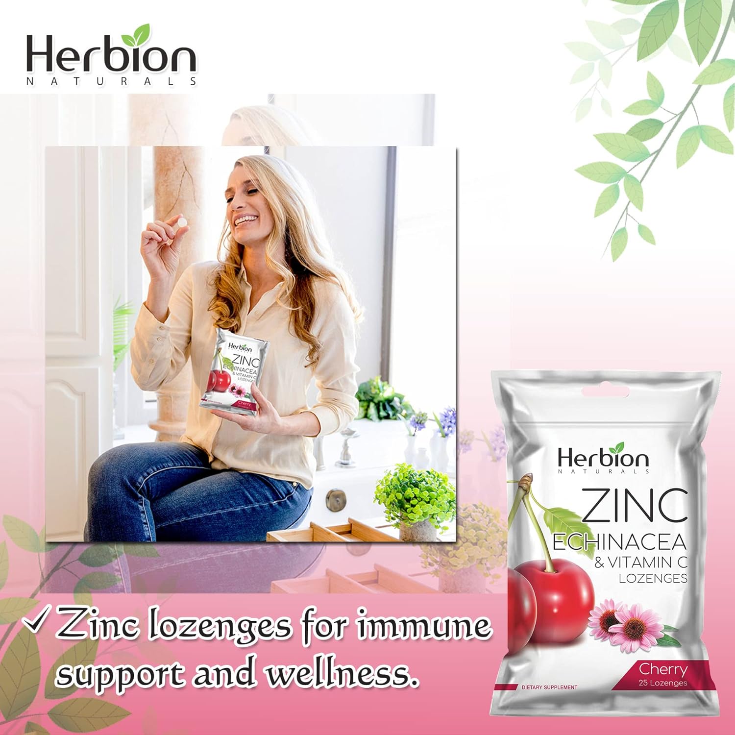 Herbion Naturals Immune Support Lozenges with Zinc, Echinacea, Vitamin C - 25 CT - Cherry Flavor - Dietary Supplement for Adults & Children 5+ - Promotes Wellness & Immune System Health