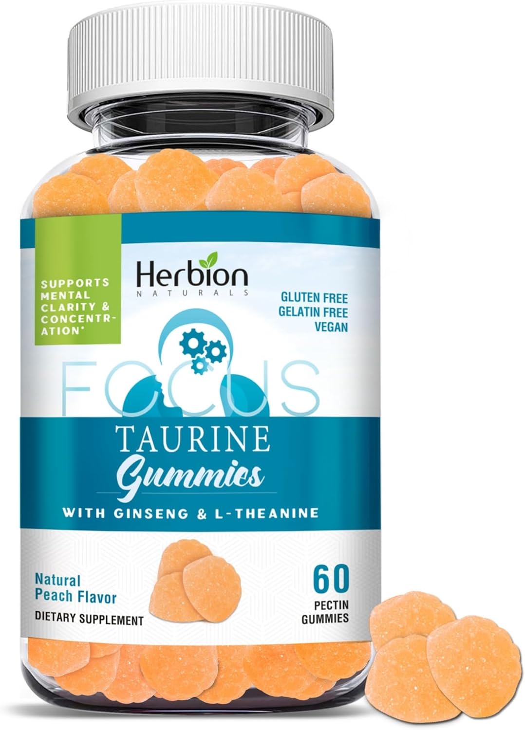 Herbion Naturals Taurine Gummies with Ginseng, L-Theanine, Vitamin C, B3, B6, & B12 for Mental Clarity, Peach Flavor - 60 Gummies, USA Made