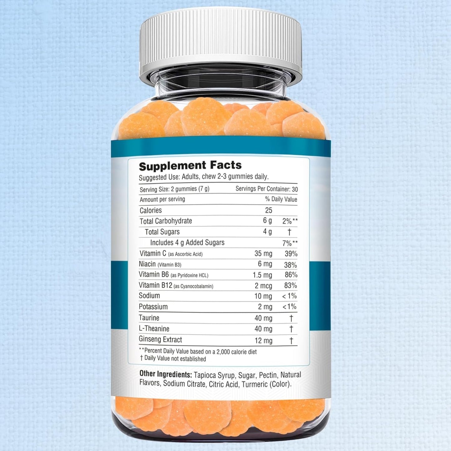 Herbion Naturals Taurine Gummies with Ginseng, L-Theanine, Vitamin C, B3, B6, & B12 for Mental Clarity, Peach Flavor - 60 Gummies, USA Made